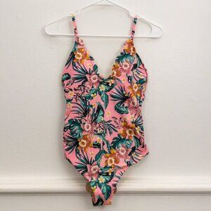 Vanilla Beach Tropical Floral One-Piece Swimsuit – Size Small | Scallop Trim,